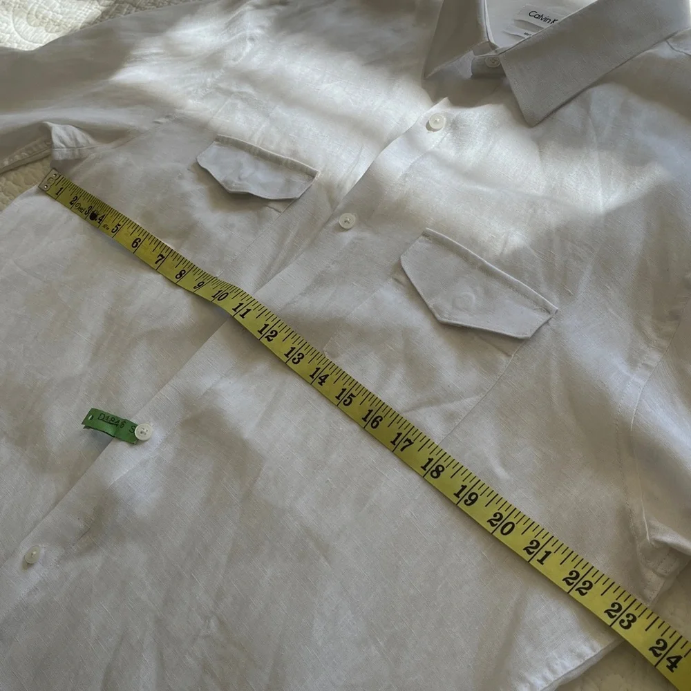 Calvin Klein Linen Shirt‎ Men’s Large White Roll Tab Sleeves Resort Quiet Luxury
